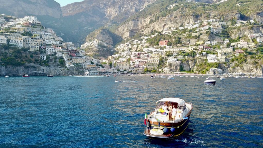Modern gozzo boat Teo near Positano in Amalfi Coast